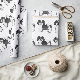 Papel De Presente Padrão De Cão De Cartoon De Lhasa Apso Preto E Bra