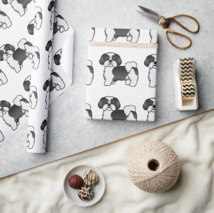 Papel De Presente Padrão De Cão De Cartoon Negro E Branco Shih Tzu C