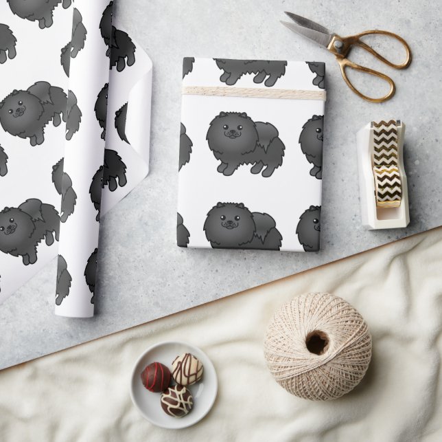 Papel De Presente Padrão de Cão de Cartoon Pomerano-Negro (Artesanato)