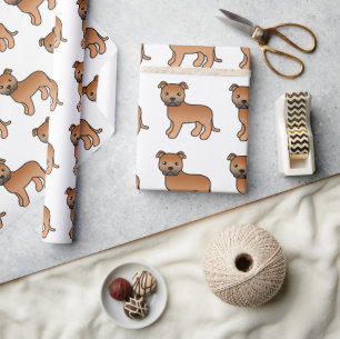 Papel De Presente Padrão de Cão de Cartoon Vermelho em Staffie Cute