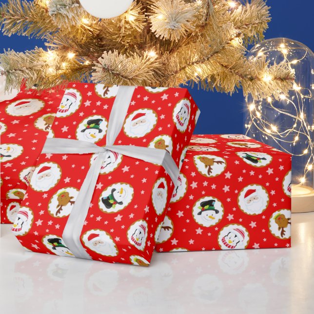 Papel De Presente Padrão de Caracteres de Natal Bonitos em Vermelho (Feriados)