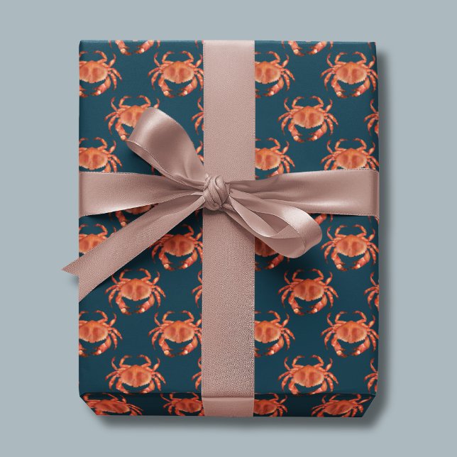 Papel De Presente Padrão de Caranguejos à Beira-Mar (Brown crab wrapping paper on navy blue background)