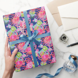 Papel De Presente Padrão de Caranguejos Florais do Oceano de Praia d