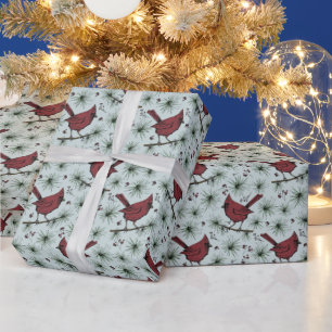 Papel De Presente Padrão de Cardinais Vermelhos Azul