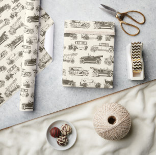 Papel De Presente Padrão de Carro vintage Dourado Beige do temporiza