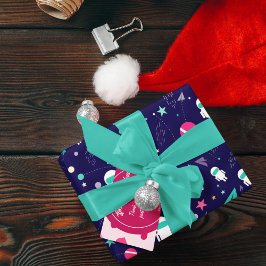 Papel De Presente Padrão de Cartoon do Astronauta Espacial