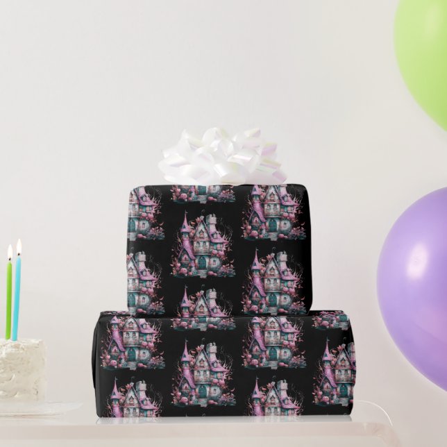 Papel De Presente Padrão de Casa Assombrada Rosa e Cinza Halloween (Presentes para festas)