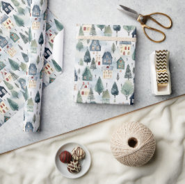 Papel De Presente Padrão de Casas de Aquarela de inverno de Natal bo