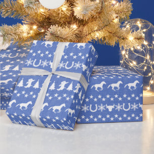 Papel De Presente Padrão de Cavalo de Natal Rústico no Campo Azul