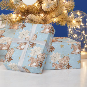 Papel De Presente Padrão de Cavalo de Pau de Gengibre em Azul