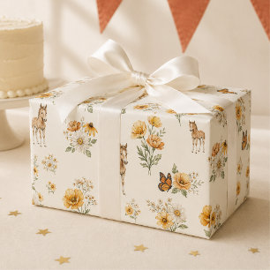 Papel De Presente Padrão de cavalo e borboleta de flor silvestre lar