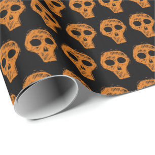 Papel De Presente Padrão de Caveira Laranja do Halloween Preto