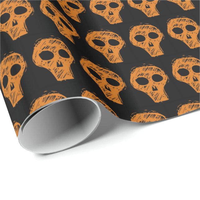 Papel De Presente Padrão de Caveira Laranja do Halloween Preto (Ponta do rolo)