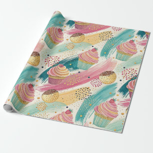 Papel De Presente Padrão de Celebração de Cupcake Festivo e Bruto