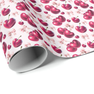 Papel De Presente Padrão de Cereja Coquette com Laço Rosa Estético