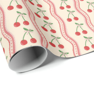 Papel De Presente Padrão de Cereja Creme com Listras Onduladas Rosa