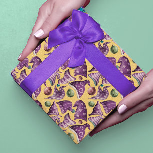 Papel De Presente Padrão de chapéu de gnomo amarelo púrpura com retr