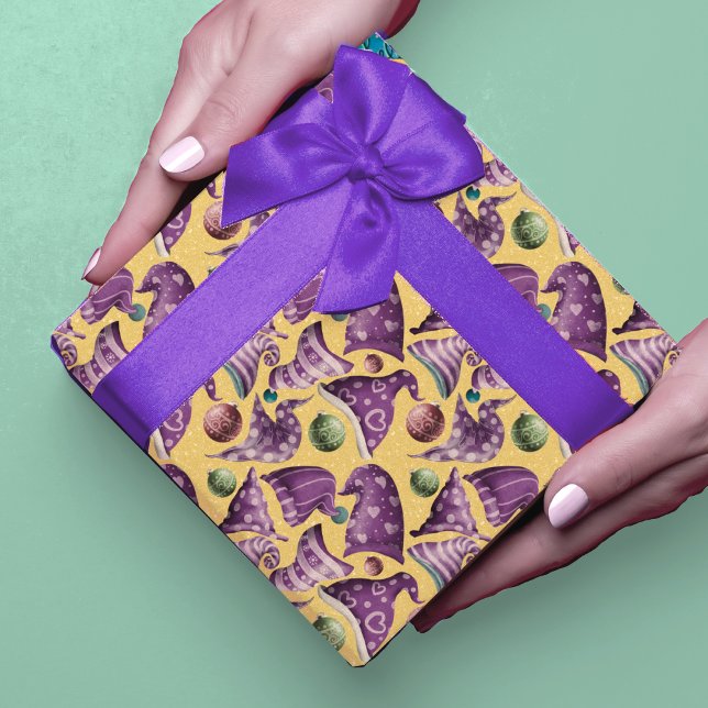 Papel De Presente Padrão de chapéu de gnomo amarelo púrpura com retr (Criador carregado)