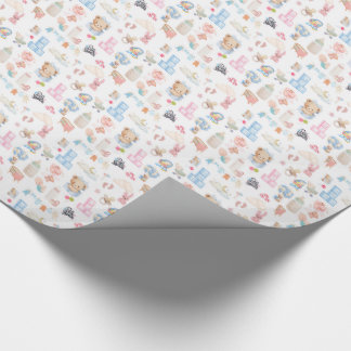 Papel De Presente Padrão de Chás de Bebê em Aquarela com Urso Teddy