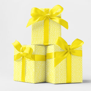 Papel De Presente Padrão de Chave Grega Amarelo Brilhante e Branco