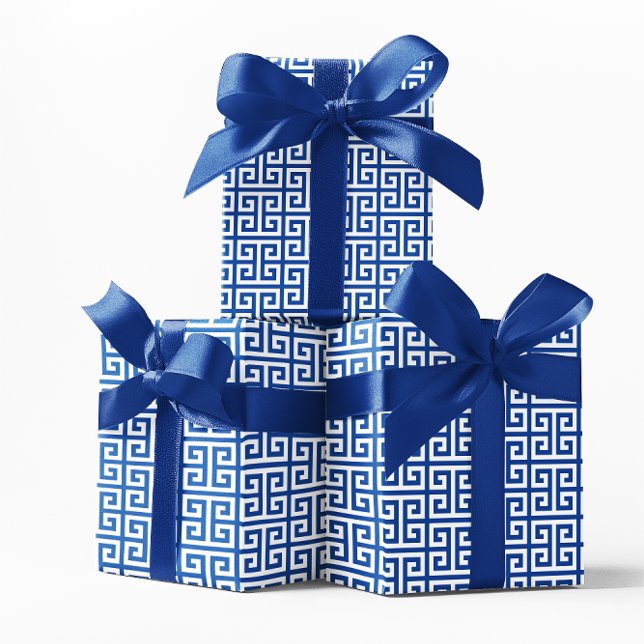 Papel De Presente Padrão de Chave Grega Cobalto e Branco (Cobalt and White Greek Key Pattern Wrapping Paper)