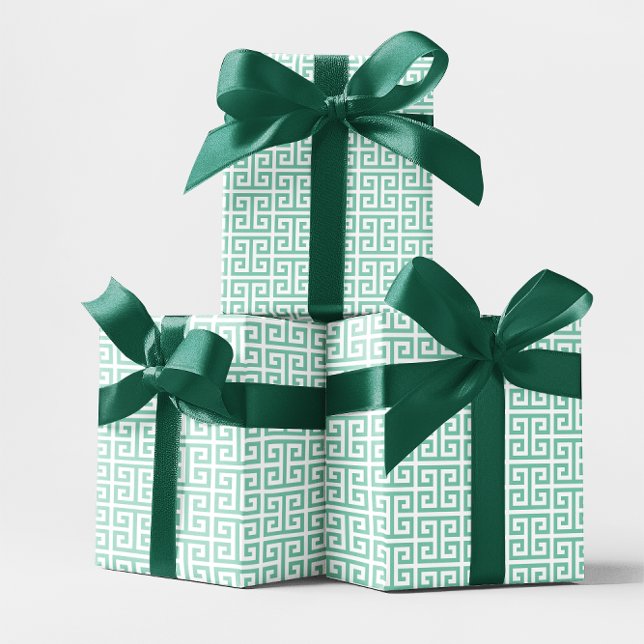 Papel De Presente Padrão de Chave Grega em Teal Claro e Branco (Light Teal and White Greek Key Pattern Wrapping Paper)