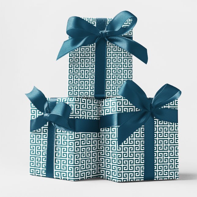 Papel De Presente Padrão de Chave Grega em Teal Escuro e Branco (Dark Teal and White Greek Key Pattern Wrapping Paper)
