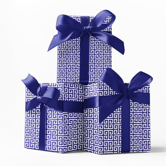Papel De Presente Padrão de Chave Grega Ultramarino e Branco (Ultramarine and White Greek Key Pattern Wrapping Paper)