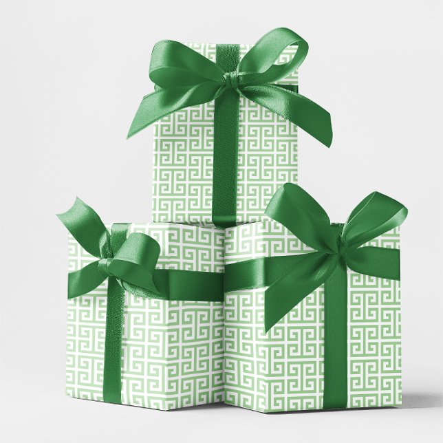 Papel De Presente Padrão de Chave Grega Verde Claro e Branco (Pale Green and White Greek Key Pattern Wrapping Paper)