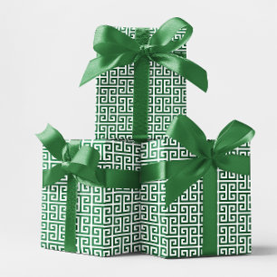Papel De Presente Padrão de chave grega verde floresta e branco