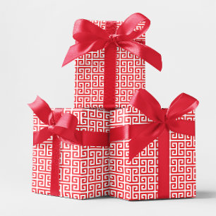 Papel De Presente Padrão de Chave Grega Vermelho e Branco Brilhante