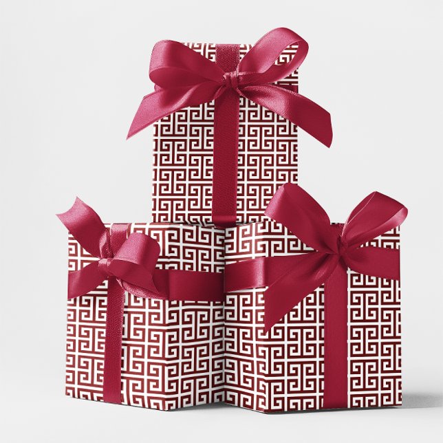 Papel De Presente Padrão de Chave Grega Vermelho e Branco Profundo (Deep Red and White Greek Key Pattern Wrapping Paper)