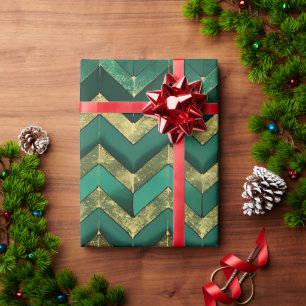 Papel De Presente Padrão de Chevron Dourado Verde Elegante