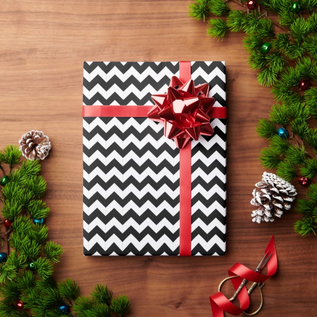 Papel De Presente Padrão de Chevron Listrado Preto e Branco Elegante (Presente de Natal)