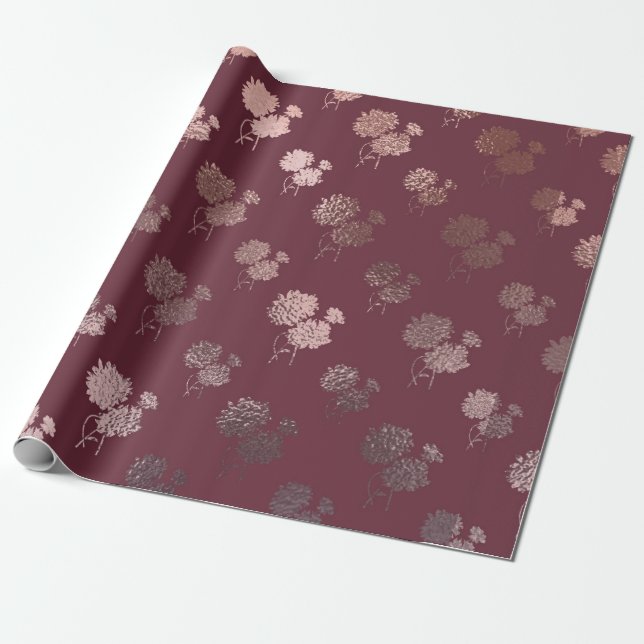 Papel De Presente Padrão de Chrysanthemum Dourado rosa na Borgonha (Desenrolado)