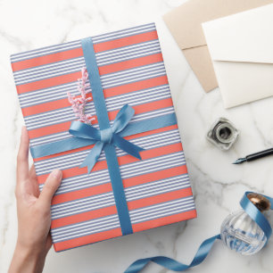 Papel De Presente Padrão de cinco faixas de cinza azul com coral viv