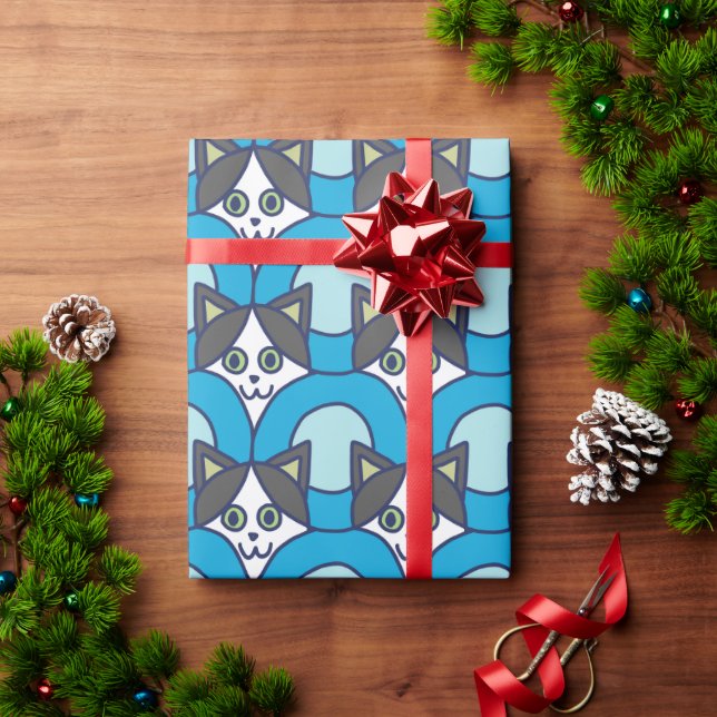 Papel De Presente Padrão de Círculo de Gato Fofo e Divertido  (Presente de Natal)