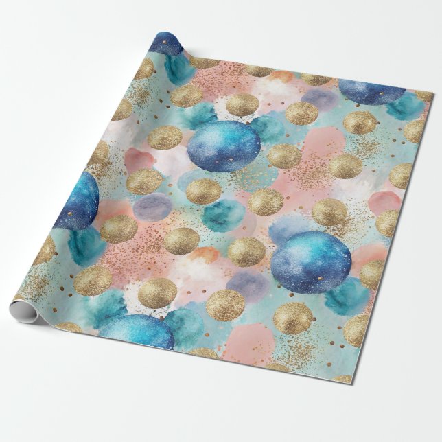 Papel De Presente Padrão de Círculo Dourado e Azul com Acentos de Gl (Desenrolado)