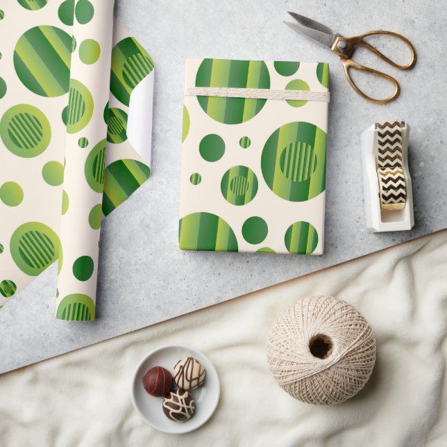 Papel De Presente : Padrão de Círculos Verdes Abstratos com Linhas (Artesanato)
