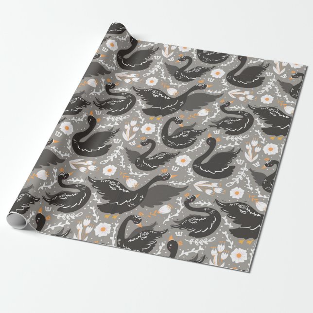 Papel De Presente Padrão de Cisne Preto Floral Elegante (Desenrolado)