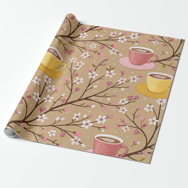 Papel De Presente Padrão de Cobertura de Café Flor de Cerejeira (4) (Desenrolado)