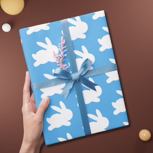Papel De Presente Padrão de Coelho Branco Azul Fofo