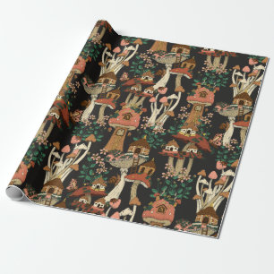Papel De Presente Padrão De Cogumelo Verde Preto Núcleo Floral De Co