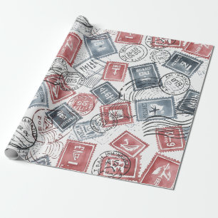Papel De Presente Padrão de Colagem de Selos Postais Vintage (1)