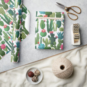 Papel De Presente Padrão de Colheita Verde de Cactos
