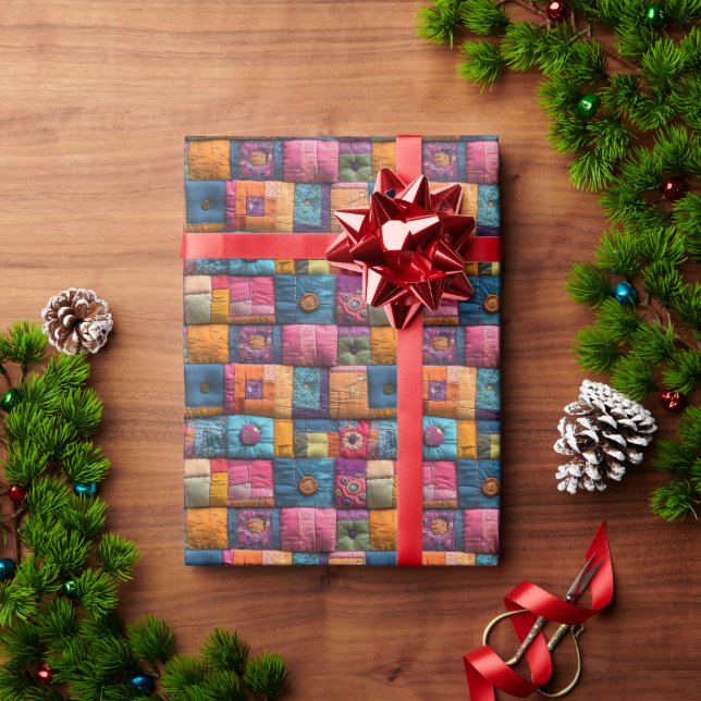 Papel De Presente Padrão de Colisão de Patchwork Whimsical: Design c (Presente de Natal)