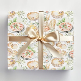 Papel De Presente Padrão de Comida Mediterrânea em Aquarela