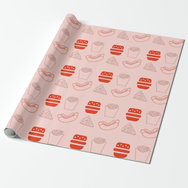 Papel De Presente Padrão de comida rápida vermelha (Desenrolado)