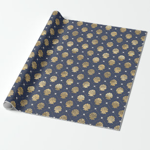 Papel De Presente Padrão de concha náutica azul e dourado