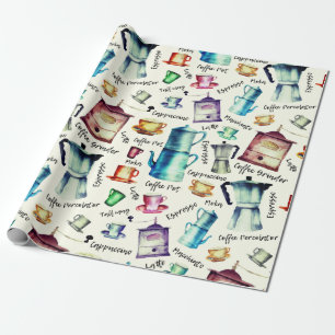 Papel De Presente Padrão de Copas de Potes de Café com Aquarela Retr